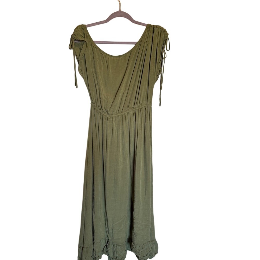 Olive Green Boho Midi Dress with Shoulder Ties and Ruffle Hem Scoop Neck‎